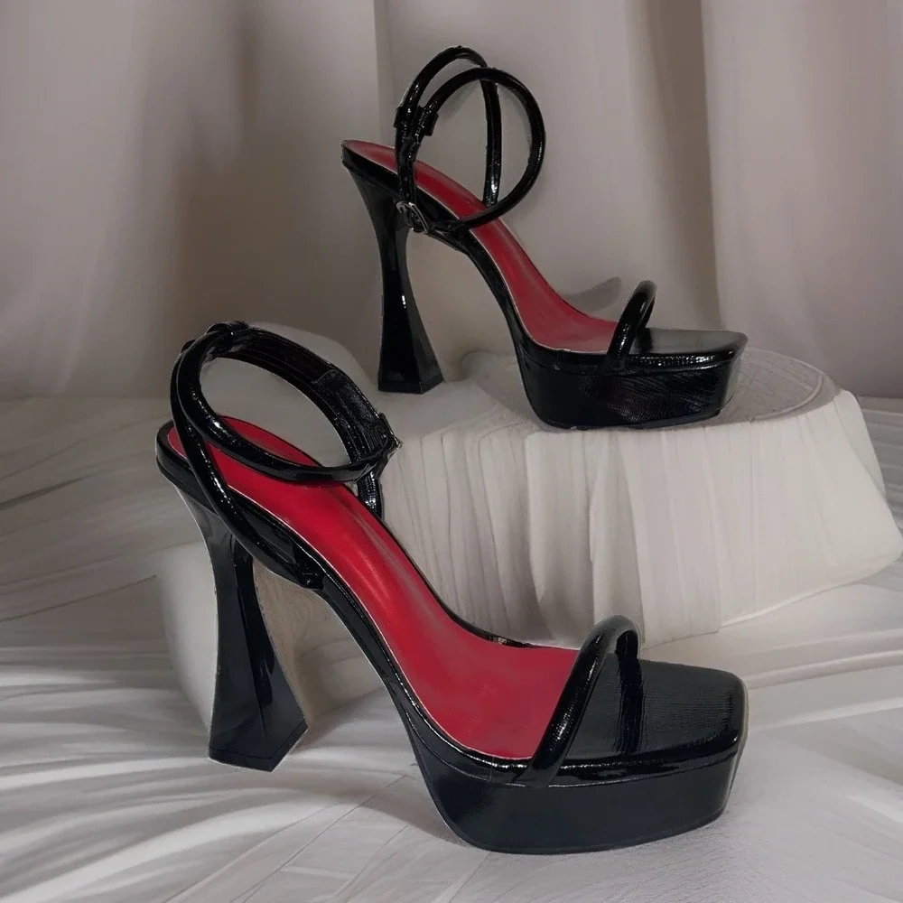 Black Patent Platform Ankle Strap Square Toe High Heels EU 40 US 9.5